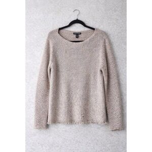 Eileen Fisher Marled Wool Blend Sweater M Fringe Hem Italian Yarn